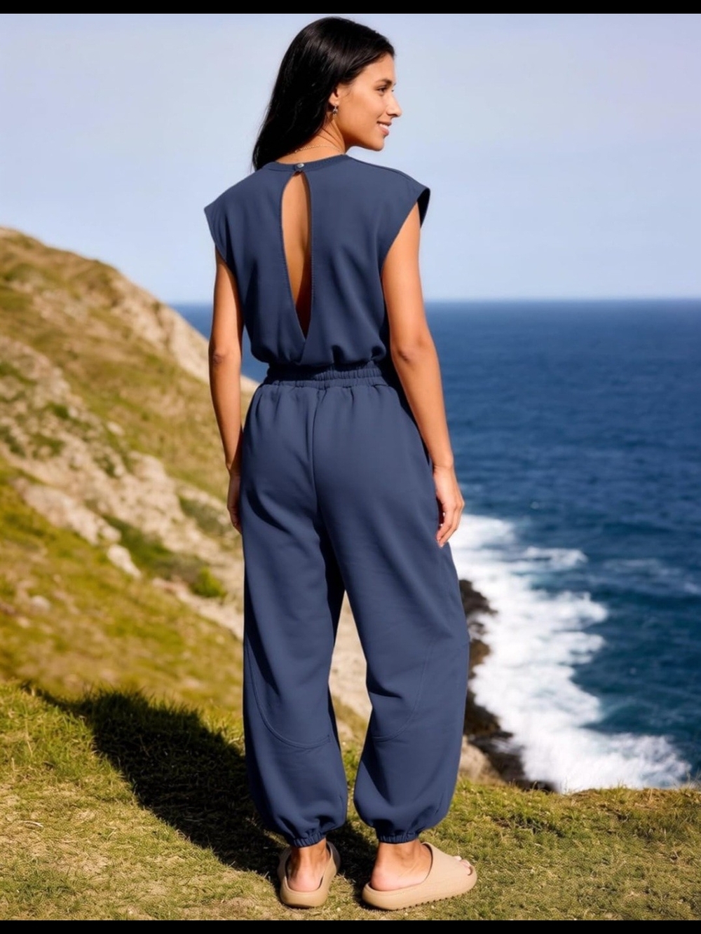 Flygo Casual Jumpsuit Crewneck Cap Sleeve Long Wide Leg Romper - Picture 2 of 14